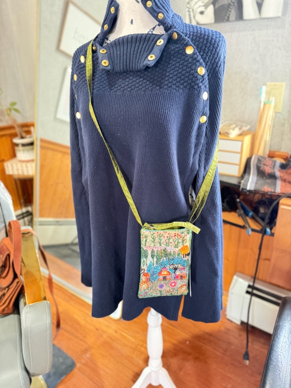 Embroidered Multi-Color Crossbody Phone Bag - Green Strap